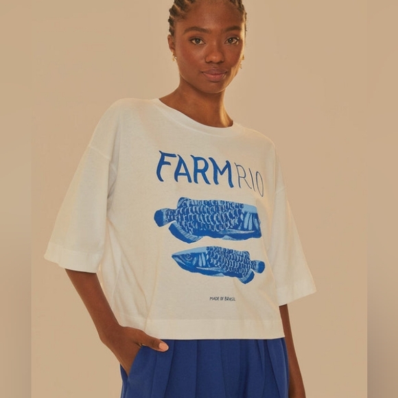 FARM Rio Tops - Farm Rio White And Blue Cotton Fish Brazil Oversized Tee L